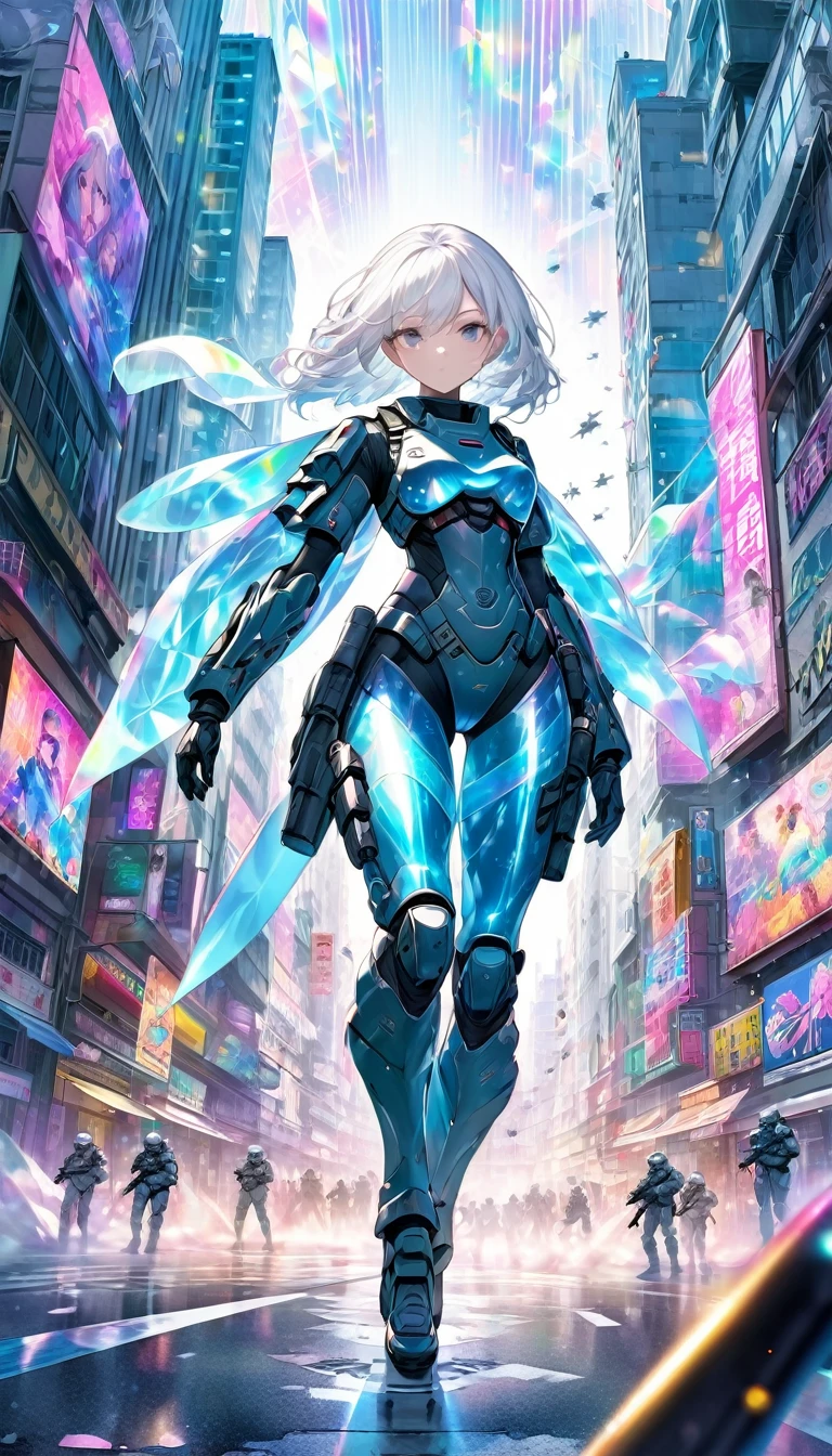 seamless image fusion, best quality, super fine, extremely detailed, delicate and dynamic, cool and militant combatants, wearing hologram armored combat suits that fit tightly to the body and blend into the surrounding scenery, iridescent, background in the same color as the combat uniform, background Iridescent city, woman, white hair

