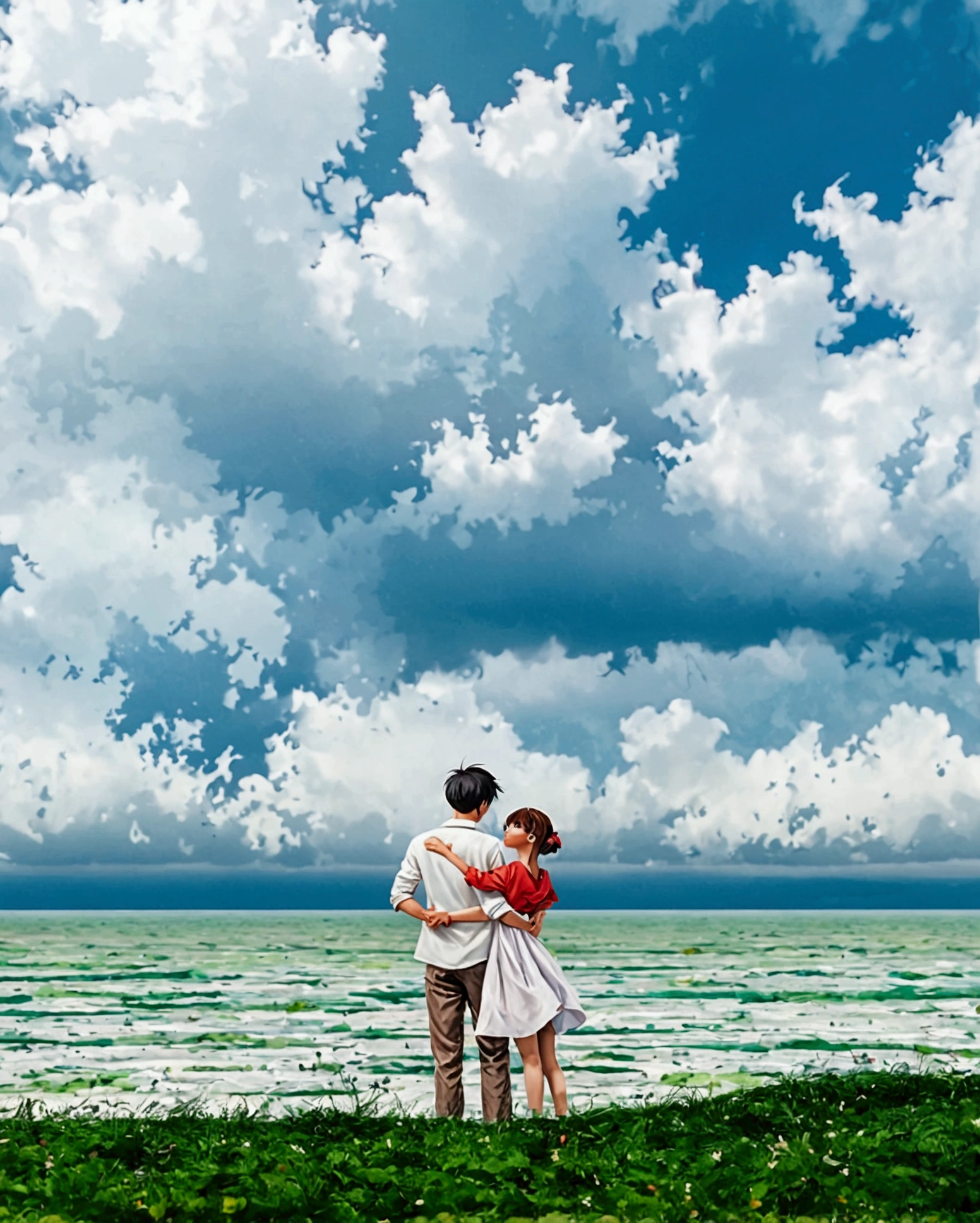beautiful scattered blue clouds, guy watching it, lonely, sad, realistic anime, beautiful landscape, 4k , wide photography