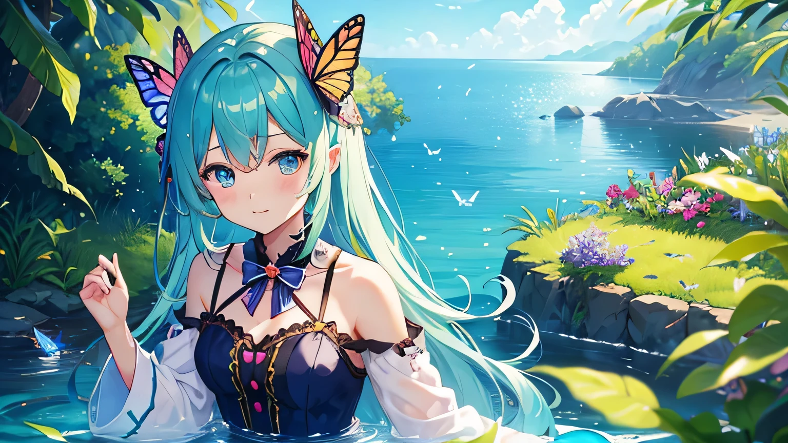 Cute Girl Characters、Depicts an overgrown butterfly lying and fluttering on the water's surface, Look up at the starry sky. Surround her with colorful nebulae and her favorite constellations.