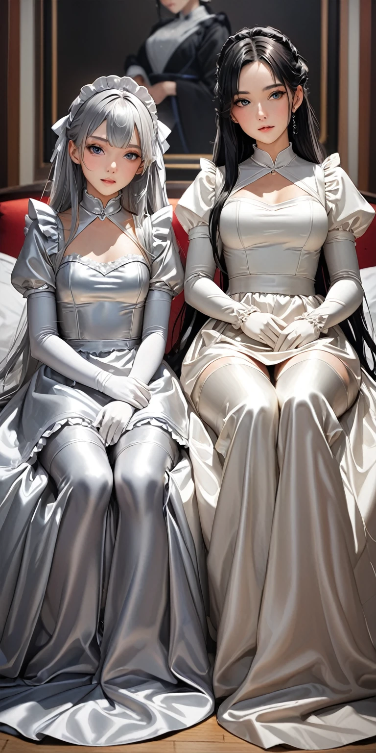 Portraiture、(masterpiece,Highest quality,Ultra-high resolution),Japanese women, (((Two very beautiful 25 year old girls)))、Both are wearing shiny pale silver satin long sleeve maid dresses..、The dress has a simple design without any patterns..、The skirt is a long skirt with frills、Satin Gloves、((Satin bodysuit))、Bright room、Two women wearing the same maid dresses are sitting side by side