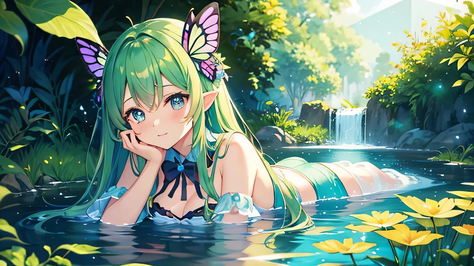 Cute Girl Characters、Depicts an overgrown butterfly lying and fluttering on the water's surface, Look up at the starry sky. Surround her with colorful nebulae and her favorite constellations.