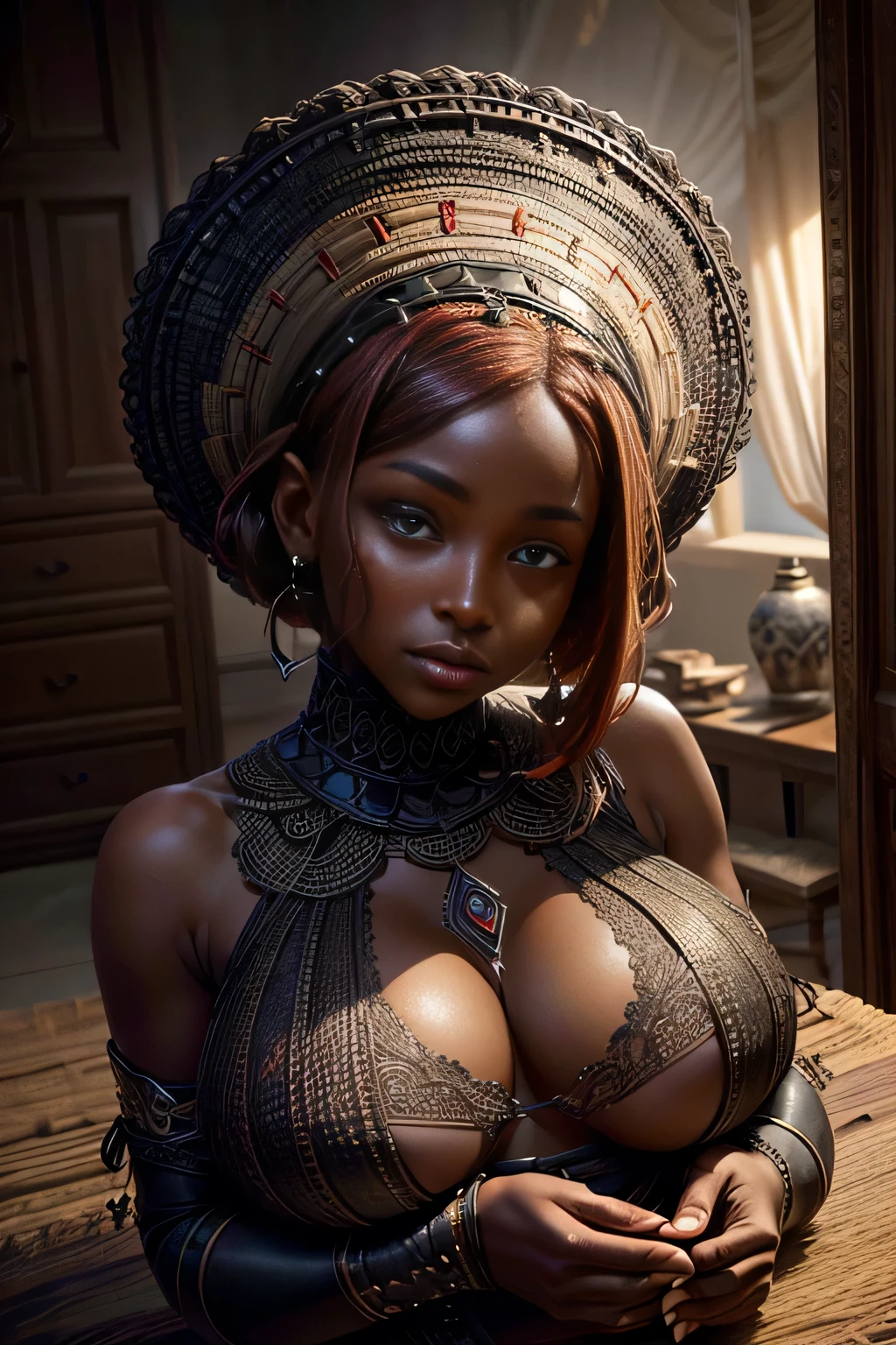 An exquisite portrait of a black African woman with deep ebony skin, Photography captured in stunning 8k resolution and raw format to preserve the highest quality of details. The beauty of women is undeniable, her face commanding the frame in a close-up that reveals the intricate details of her eyes. She wears a dress that complements her radiant skin, and her eyes are portrayed with meticulous attention to detail, showing the captivating depth within. The photograph is taken with a lens that emphasizes the challenge of your gaze, and the backdrop is a dark studio environment that highlights the soft colors of the scene. Lighting and shadows are expertly crafted to highlight the richness of your skin tone and the subtle nuances of your features..... Your red hair, with its distinct tone, adds a touch of warmth and contrast against your ebony skin. The interior environment adds a feeling of intimacy, while the freckles on your skin tell their own story. The overall composition captures its essence with authenticity and grace, creating a portrait that is a celebration of your heritage and beauty. Photography by challenge512, using the best shadow and lighting techniques, to create a mesmerizing portrait that transcends the visual.