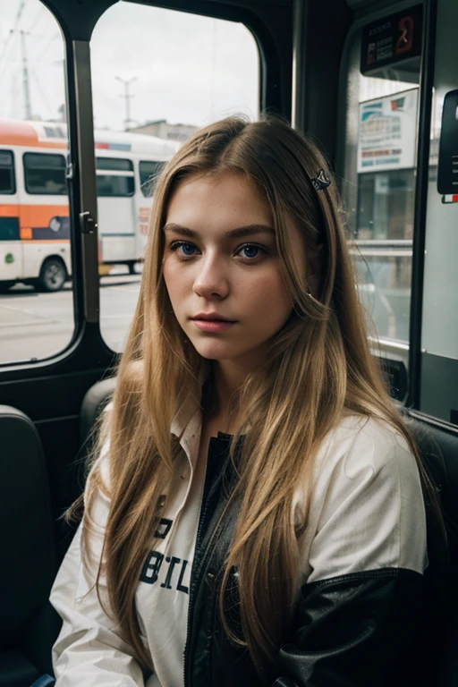 young girl, Hannah Kensington, gothic, blonde, European, has a large nose, flushed cheeks, open short blouse, summer clothes, in the bus, relaxed, photographic style, close, looking at me