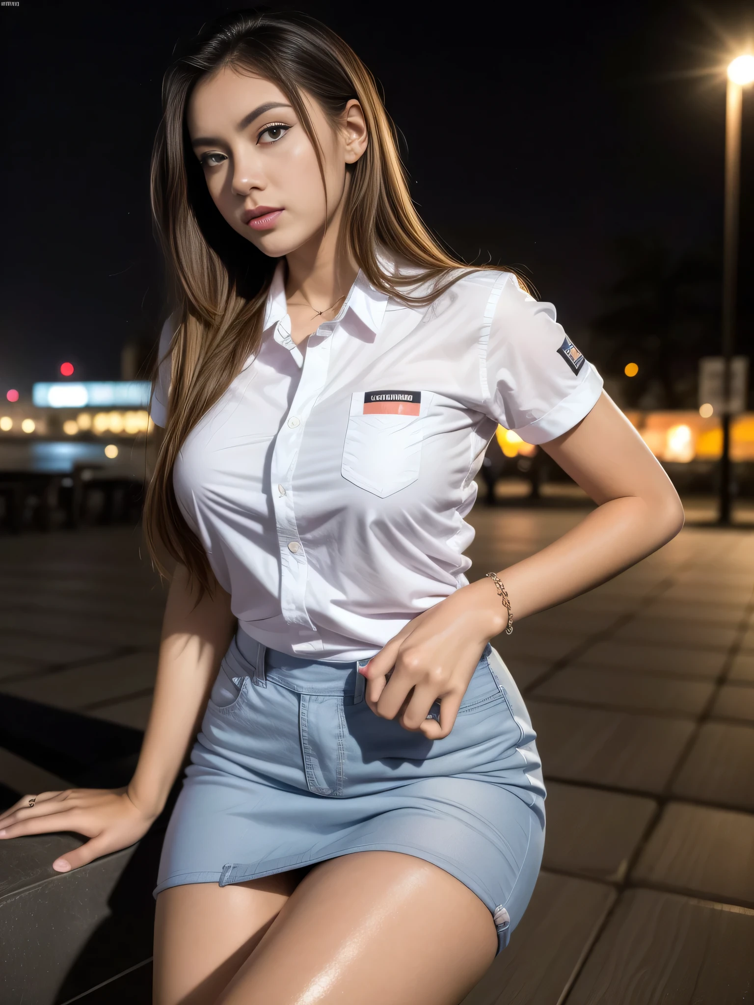 1girl, (uniform), standing, lean towards camera, outdoors, night view, detailed Metropolitan city at the background, detailed face, detailed eyes, brunette, big breasts, smooth realistic skin, semi-curvy body, white shirt, grey blue miniskirt, looking at the audience, (8k, RAW photo, best quality, masterpiece: 1.2), (realistic, realistic: 1.37), ultra-high resolution