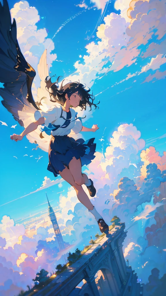 Create exquisite illustrations reminiscent of Makoto Shinkai's style, It has ultra-fine details and top-notch quality. Create an illustration of a girl soaring into the sky ,Nostalgic and serene atmosphere, As if drawn from a dream,Hang above the world below as you glide through the air, It's a pure moment, Carefree adventure, Where imagination flies, And mediocrity will be extraordinary. This scene is、The timeless charm of a whimsical sky,Long black hair,Deep blue sky,blue sky