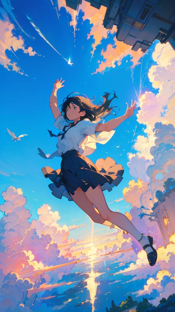 Create exquisite illustrations reminiscent of Makoto Shinkai's style, It has ultra-fine details and top-notch quality. Create an illustration of a girl soaring into the sky ,Nostalgic and serene atmosphere, As if drawn from a dream,Hang above the world below as you glide through the air, It's a pure moment, Carefree adventure, Where imagination flies, And mediocrity will be extraordinary. This scene is、The timeless charm of a whimsical sky,Long black hair,Deep blue sky,blue sky