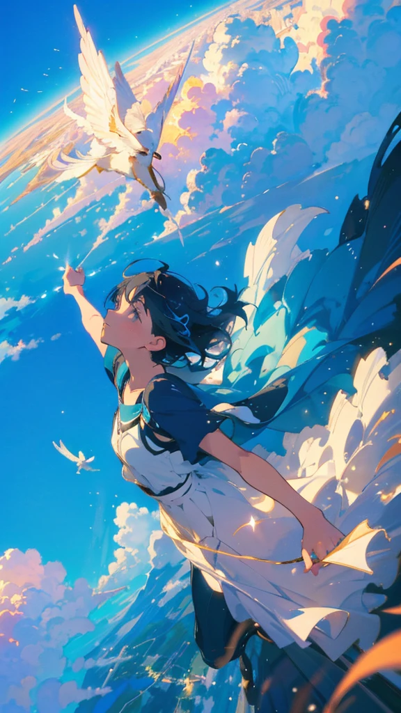 Create exquisite illustrations reminiscent of Makoto Shinkai's style, It has ultra-fine details and top-notch quality. Create an illustration of a girl soaring into the sky ,Nostalgic and serene atmosphere, As if drawn from a dream,Hang above the world below as you glide through the air, It's a pure moment, Carefree adventure, Where imagination flies, And mediocrity will be extraordinary. This scene is、The timeless charm of a whimsical sky,Long black hair,Deep blue sky,blue sky