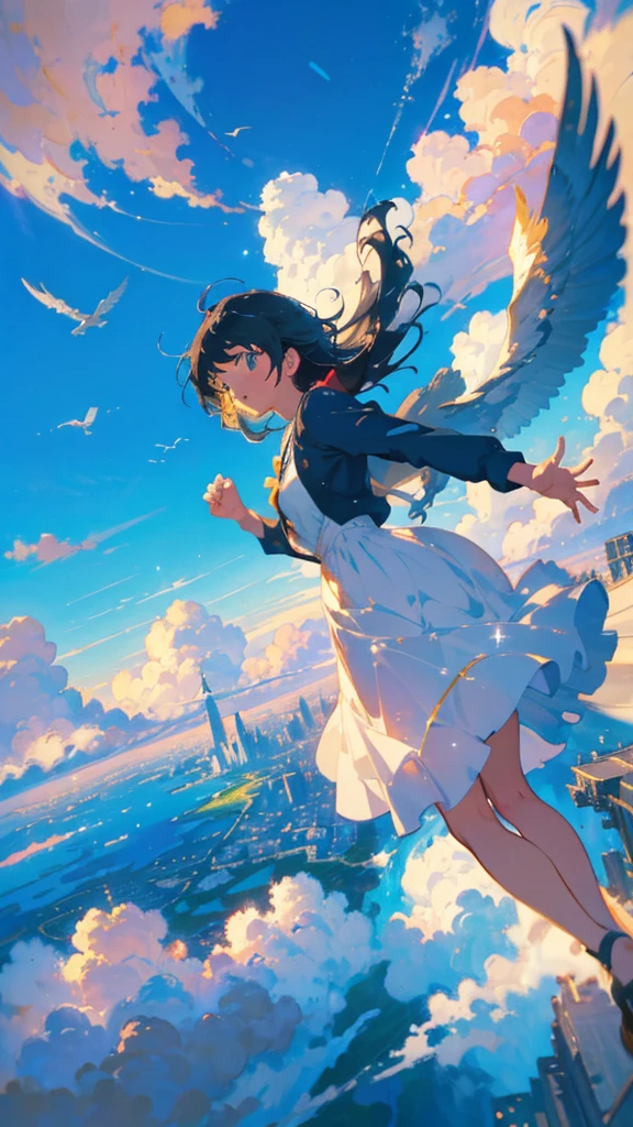 Create exquisite illustrations reminiscent of Makoto Shinkai's style, It has ultra-fine details and top-notch quality. Create an illustration of a girl soaring into the sky ,Nostalgic and serene atmosphere, As if drawn from a dream,Hang above the world below as you glide through the air, It's a pure moment, Carefree adventure, Where imagination flies, And mediocrity will be extraordinary. This scene is、The timeless charm of a whimsical sky,Long black hair,Deep blue sky,blue sky