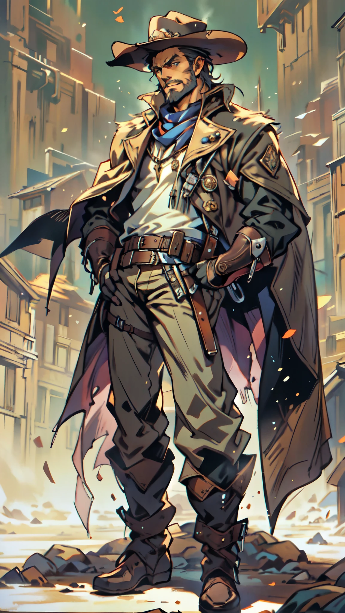 (masterpiece:1.2, best quality:1.2, extremely delicate:1.2), ((male:1.5)), a middle-aged man with short black and gold hair, rugged eyebrows, a full beard, downturned triangular eyes, an arrogant expression, mouth open laughing, a tall and robust build, a fantasy western-style cape and leather coat, his arms crossed over his chest, a leather utility belt, loose canvas trousers, standing majestically on a barren hillside, this character embodies a finely crafted fantasy western-style overlord in anime style, exquisite and mature manga art style, dramatic, high definition, highres, ultra-detailed, ultra-fine painting, professional, perfect body proportions, golden ratio, anatomically correct, symmetrical face, extremely detailed eyes and face, high quality eyes, creativity, RAW photo, UHD, 32k, Natural light, cinematic lighting, (masterpiece-anatomy-perfect:1.2)