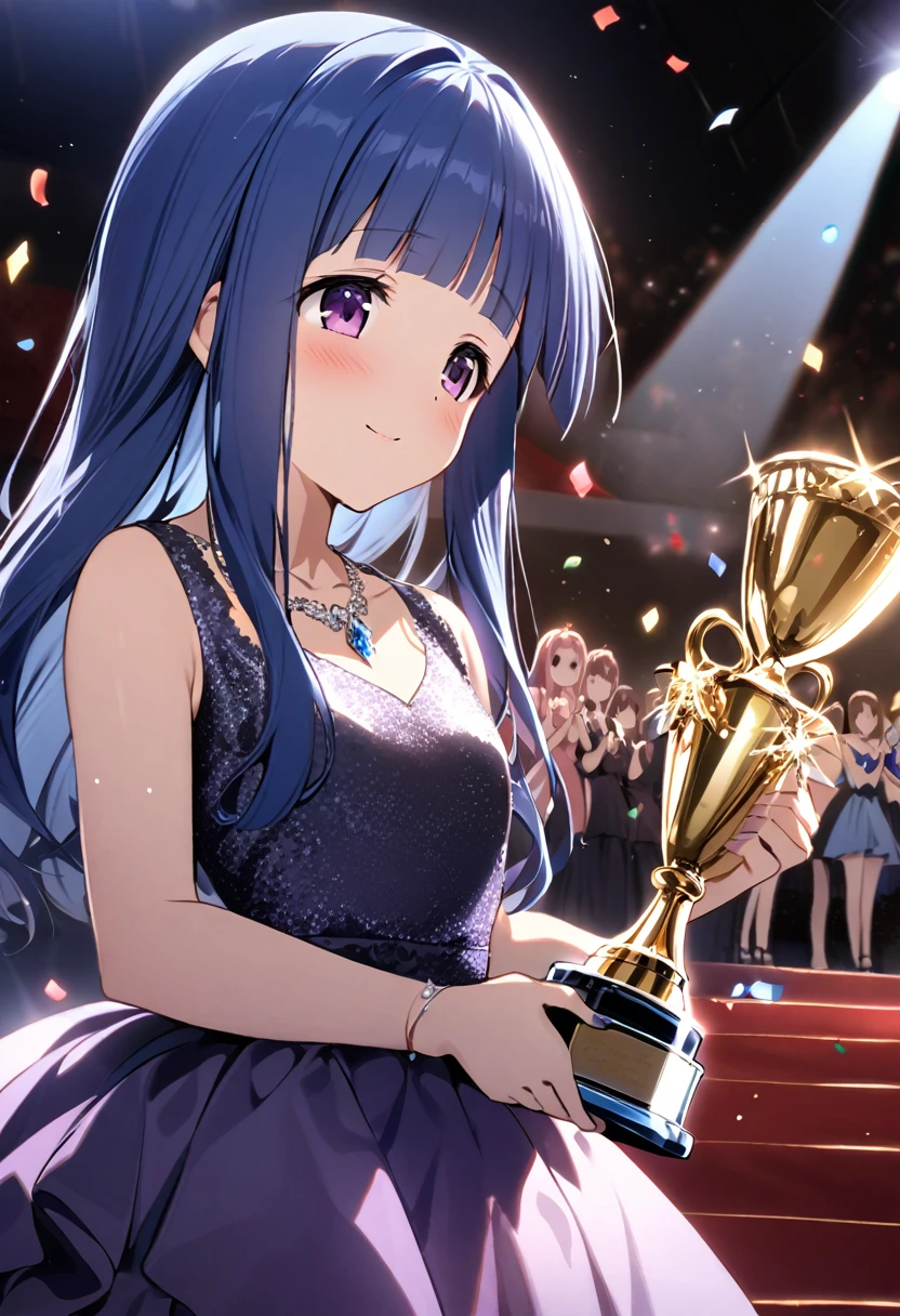 (Award-Winning Moment), (Rika Furude), Blue Hair, Purple eyes, Long Hair, blunt bangs, bangs, 1 girl, (Award Ceremony), Luxury Dresses, Spotlight, applause, necklace, ((Crystal Trophy)), (confetti), stage, Red carpet, (Luxury venue)