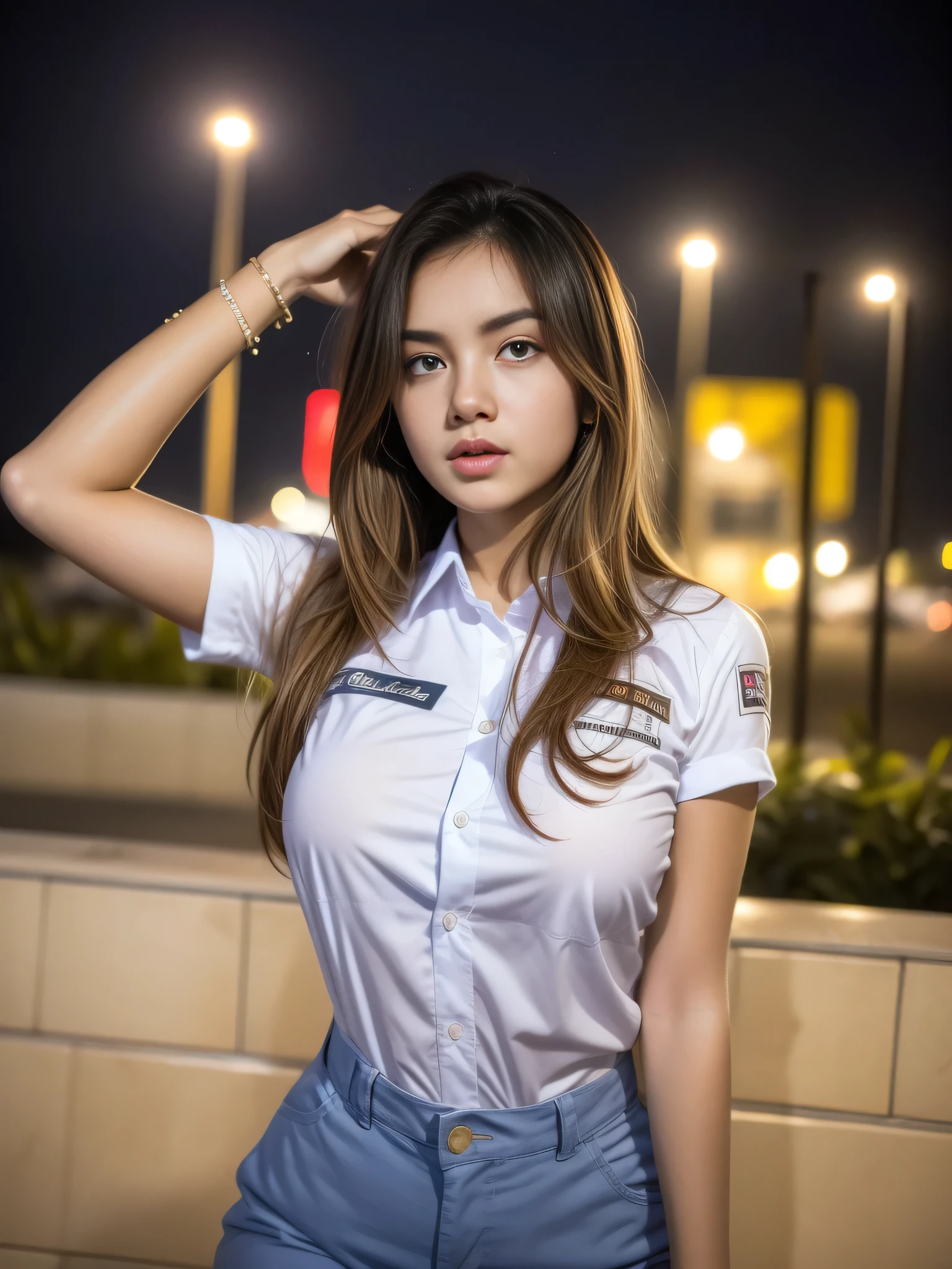 1girl, (uniform), standing, outdoors, night view, detailed Metropolitan city at the background, (above head shot: 1.4), detailed face, detailed eyes, brunette, big breasts, smooth realistic skin, semi-curvy body, white shirt, grey blue hot pants, looking at the audience, (8k, RAW photo, best quality, masterpiece: 1.2), (realistic, realistic: 1.37), ultra-high resolution