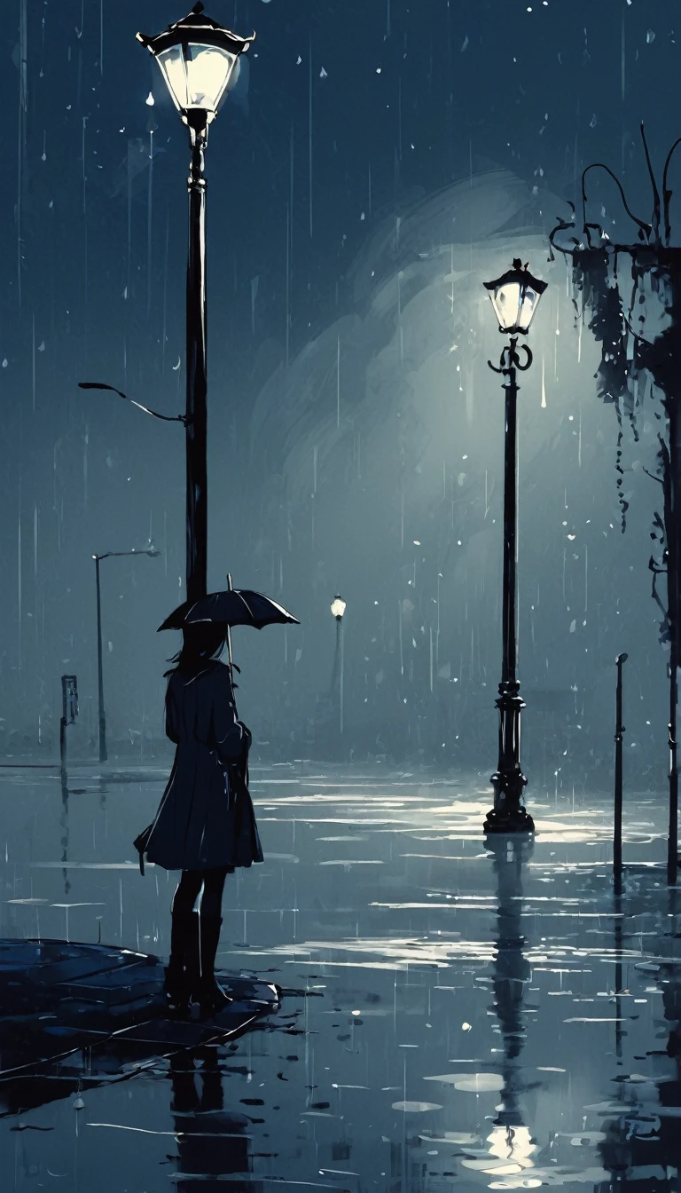 Ink illustration, Inkpunk, Inked, girl waiting, Desolate, Ink splash, Ink dot, Ink stains, Evokes loneliness and solitude, Bold line, Ink illustration, night, Very dark, Blurred vision, gray、Black and dark blue tones, Desolate, lamp post, puddle, Still water,Distant headlights,The umbrella is falling