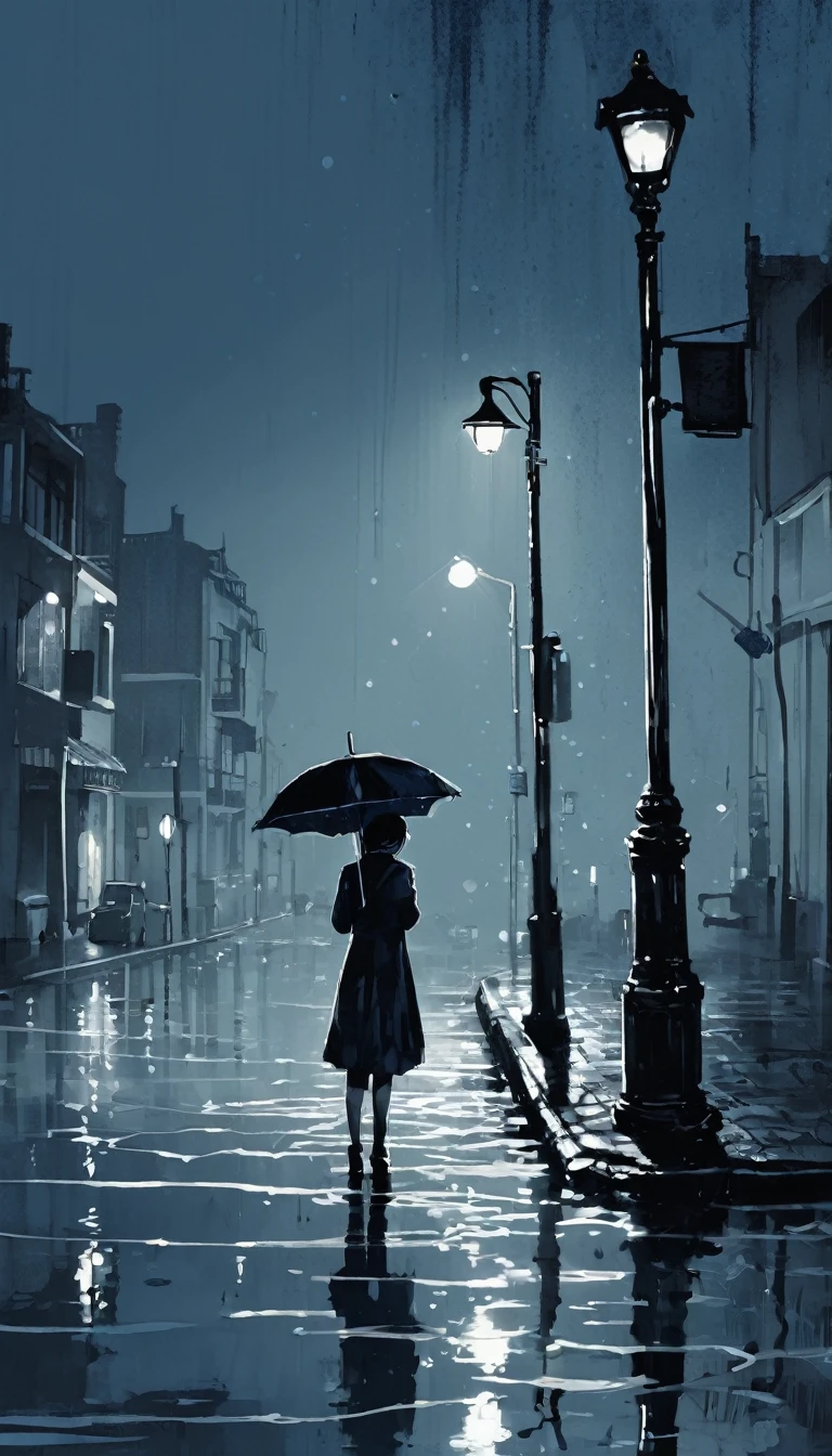 Ink illustration, Inkpunk, Inked, girl waiting, Desolate, Ink splash, Ink dot, Ink stains, Evokes loneliness and solitude, Bold line, Ink illustration, night, Very dark, Blurred vision, gray、Black and dark blue tones, Desolate, lamp post, puddle, Still water,Distant headlights,The umbrella is falling