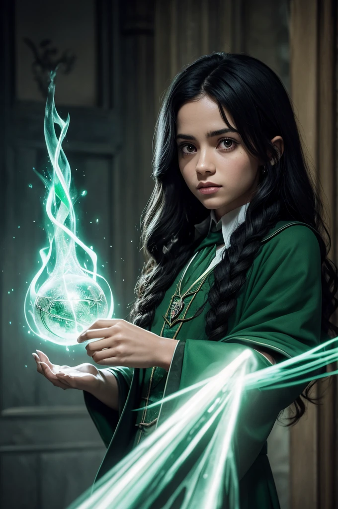 A wizard from the world of Harry Potter, Slytherin, with black hair and eyes, De pele clara