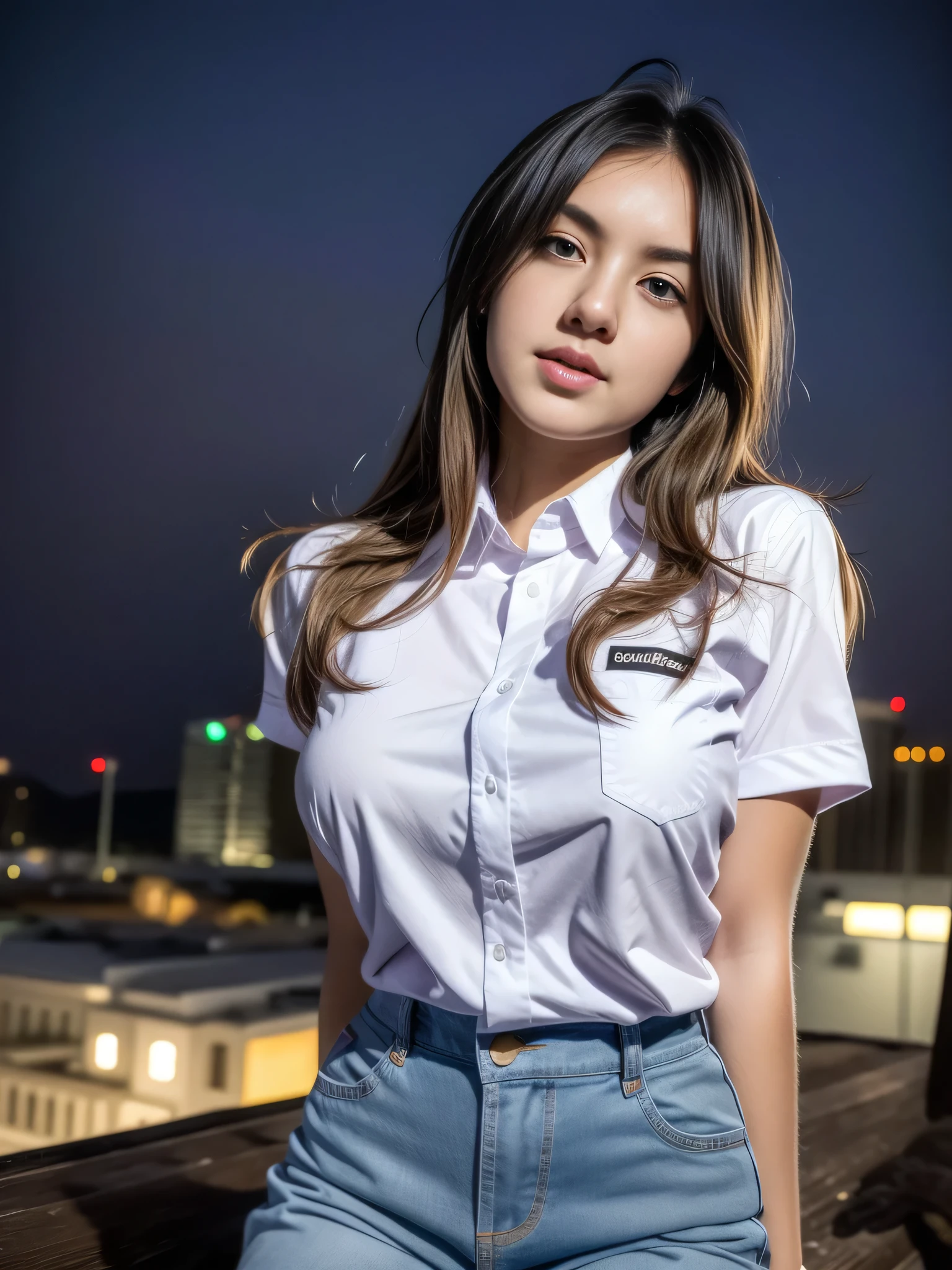 1girl, (uniform), standing, outdoors, night view, detailed Metropolitan city at the background, (above head shot: 1.4), detailed face, detailed eyes, brunette, big breasts, smooth realistic skin, semi-curvy body, white shirt, grey blue hot pants, looking at the audience, (8k, RAW photo, best quality, masterpiece: 1.2), (realistic, realistic: 1.37), ultra-high resolution