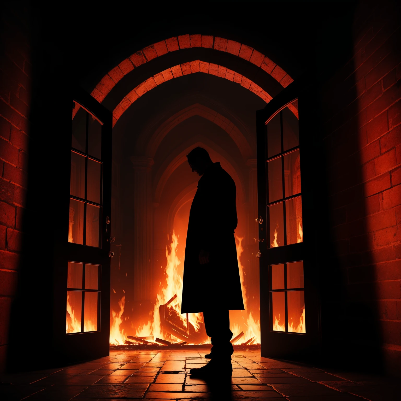 a huge black wooden door, obsidian cobblestones, a silhouette of a man in front of the door, giant castle door, gatekeeper, door of hell, fire around, suffering souls, medieval architecture, hellish atmosphere, red background, gradients, dark fantasy, chiaroscuro lighting, dramatic lighting, moody lighting, cinematic, epic scale, dark and moody, dark and gritty, highly detailed, hyperrealistic, 8k, best quality, masterpiece