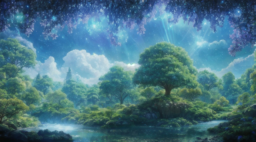 Illustration of a hyperrealistic , Otherworldly, Ultra Sky Scene,Features a giant crystal tree,Very detailed and magical lighting, Intricate forest details, Surrounding vegetation and rivers, Solar Punk ,landscape, Giant Tree, Beautiful leaves,Beautiful lighting and realistic proportions, Just like the background, 8K, best quality, masterpiece, Clouds and stars in the sky.