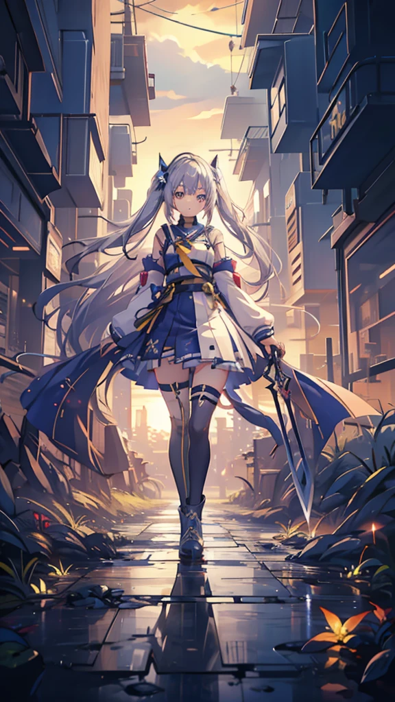 1girl, Akatsukaze Kokoro, known as the Starlight Sentinel, is a young woman with an unyielding spirit and an unwavering commitment to justice. Clad in a striking blue and gold outfit, she patrols the city's rooftops with her trusty sword at her side. Her piercing gaze seems to bore into the soul of anyone who dares to cross her path. With the morning dew settling on her silver hair, she embodies the essence of dawn's promise and unwavering determination.
Prompt: