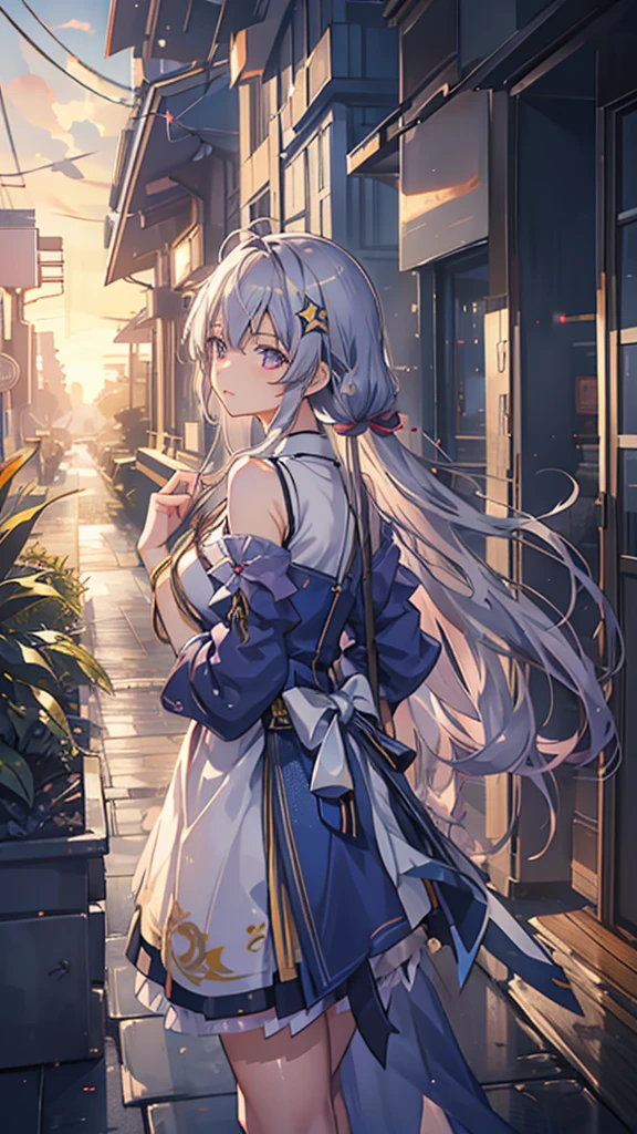 1girl, Akatsukaze Kokoro, known as the Starlight Sentinel, is a young woman with an unyielding spirit and an unwavering commitment to justice. Clad in a striking blue and gold outfit, she patrols the city's rooftops with her trusty sword at her side. Her piercing gaze seems to bore into the soul of anyone who dares to cross her path. With the morning dew settling on her silver hair, she embodies the essence of dawn's promise and unwavering determination.
Prompt: