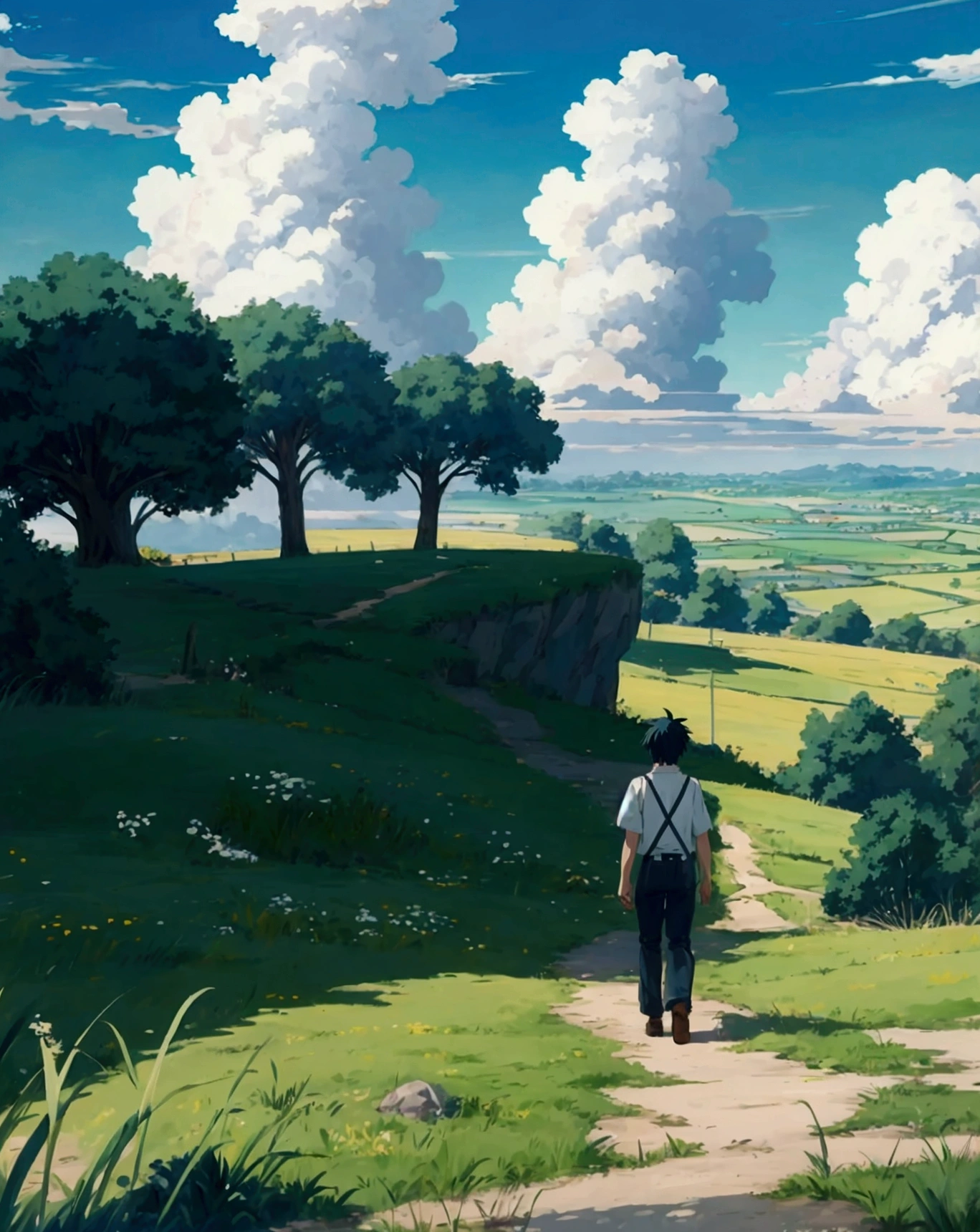 anime, anime landscape,walking in the green grass, guy looking at clouds, in a grassland, creative, realist, white clouds, blue sky, landscape amazing, guy looking away from camera, wide photo
