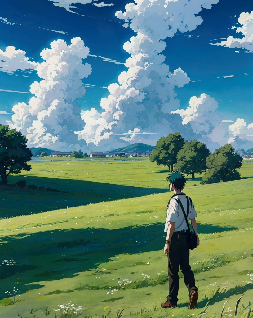 anime, anime landscape,walking in the green grass, guy looking at clouds, in a grassland, creative, realist, white clouds, blue sky, landscape amazing, guy looking away from camera, wide photo