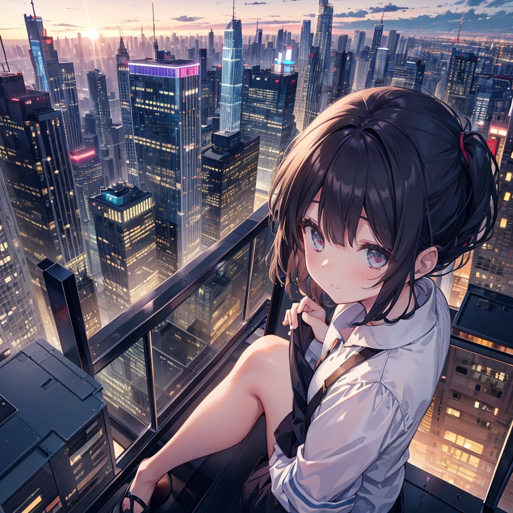 Big city, lots of buildings, beautiful night view, girl on top of building