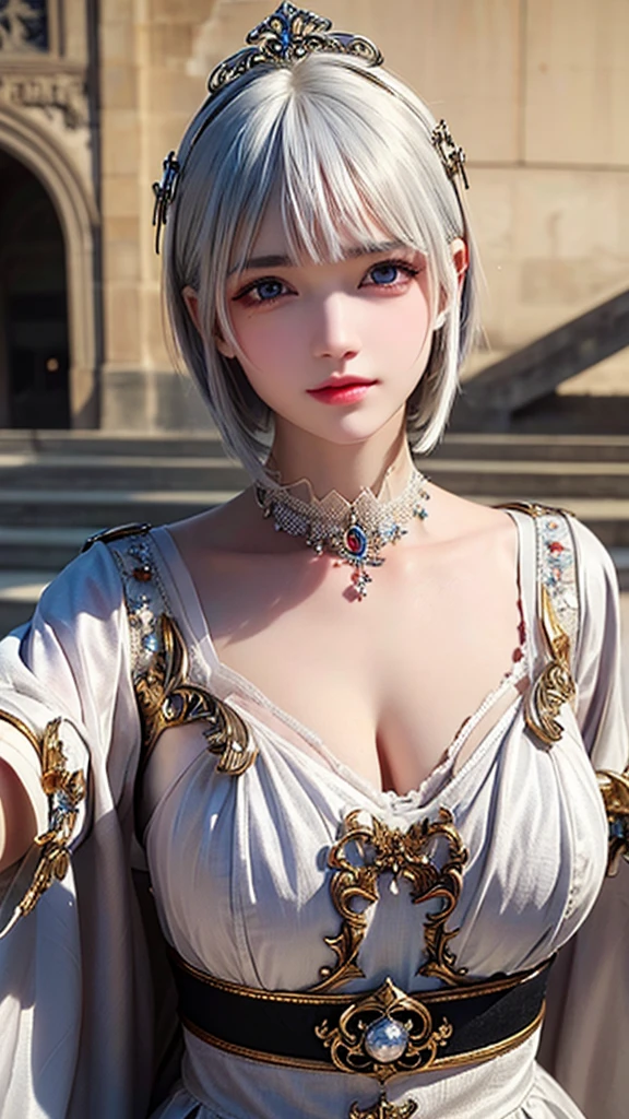 (masterpiece), (work of art), (amazing work), (detailed eyes), (delicate skin), (heterochromatic eyes), (multicolored), (short white hair with bangs), (sparkling eyes), (1girl) ancient, old, wearing extravagant medieval clothes, masterpiece, best quality, best desinger, best illustration