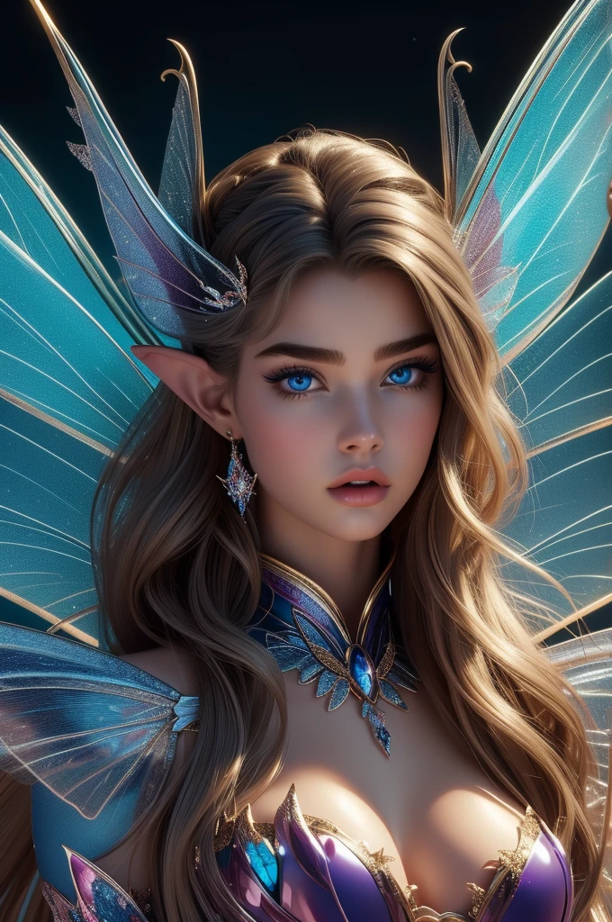 Megan Williams, ultra detailed face, blue eyes, long hair, pointy ears, (((huge wings, fairy, masterpiece)))