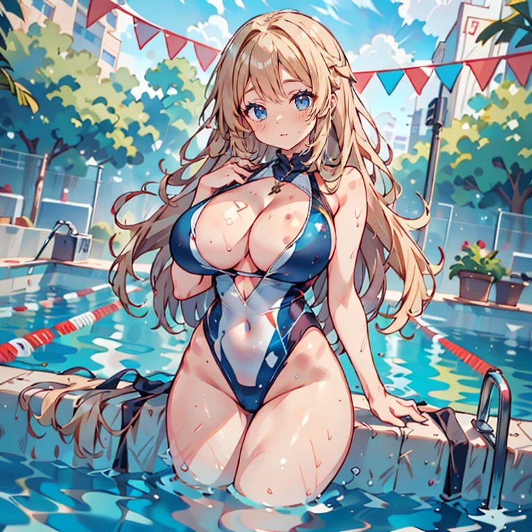 Anime Kawaii sexy Perfect Slim sensual body large breast and huge thighs, An intricate and highly detailed illustration of anime (Young girl) tabletop, best qualityer, fine-details, high resolution, 8k、wall-paper, perfect dynamic composition, beautiful detailed eyes, The bikini, Colossal , Natural color lips, pose sexy,(8k, 超Uma high resolution, best qualityer, tabletop:1.2),(18-years old:1.2)、RAW portrait of Japanese woman、Photorealistic、超Uma high resolution、Maximum quality、 (Huge breasted, neckleace:1.2),((swimming race costume :1.4))、(by the pool)、 (natural skin texture、skin detailed、hyper- realism、ultra sharpness)、(hair blonde:1.3)、depth of fields、korean idol、Idol Nogizaka、featuring Gravure Idol