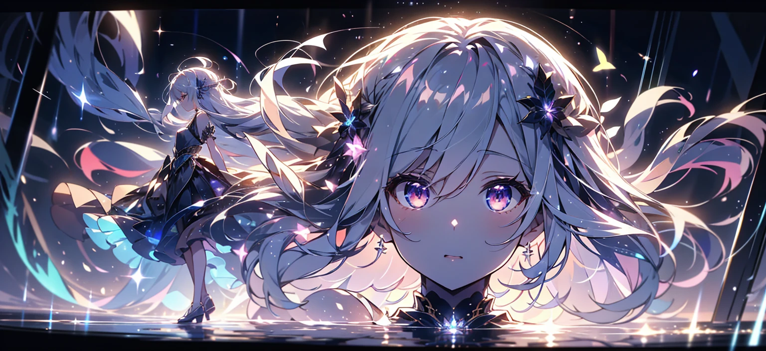 anime,depth odebt debtield, Cinema Lighting, lens debtlare, debt/1.2,(masterpiece:1.2),(high dedebtinition),Glass-like transparency、Fantasy、mysterious、girl１people々、1peopleのgirl, sing、Gray Hair