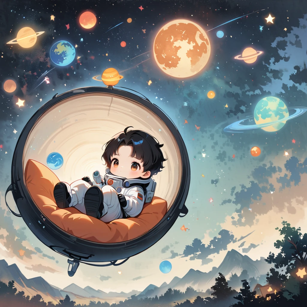 man boy sit in spacesuit floating in space,black hair, surrounded by the Milky Way, the universe , cutely.  กินขนม เจอเอเลี่ยน