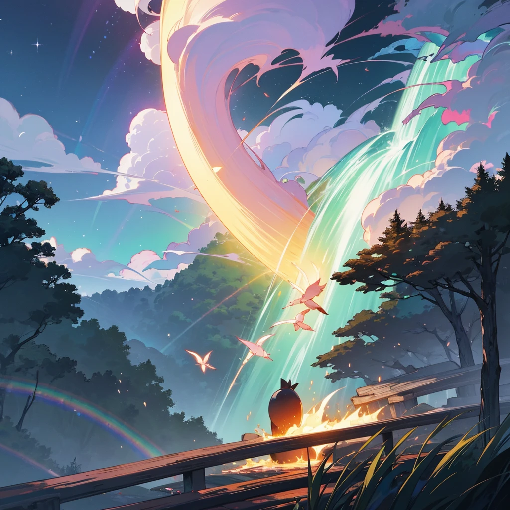masterpiece, 最high quality, high quality, CG, 8k, scenery, night, null, cloud, no one〜do not have ,Lush forest, Beautiful waterfall, rainbow, Fantasy Images, fire Fly, moonlight, Aurora, wood, black snake on wood, A flock of apples, mousse, Albino deer, White Rabbit,