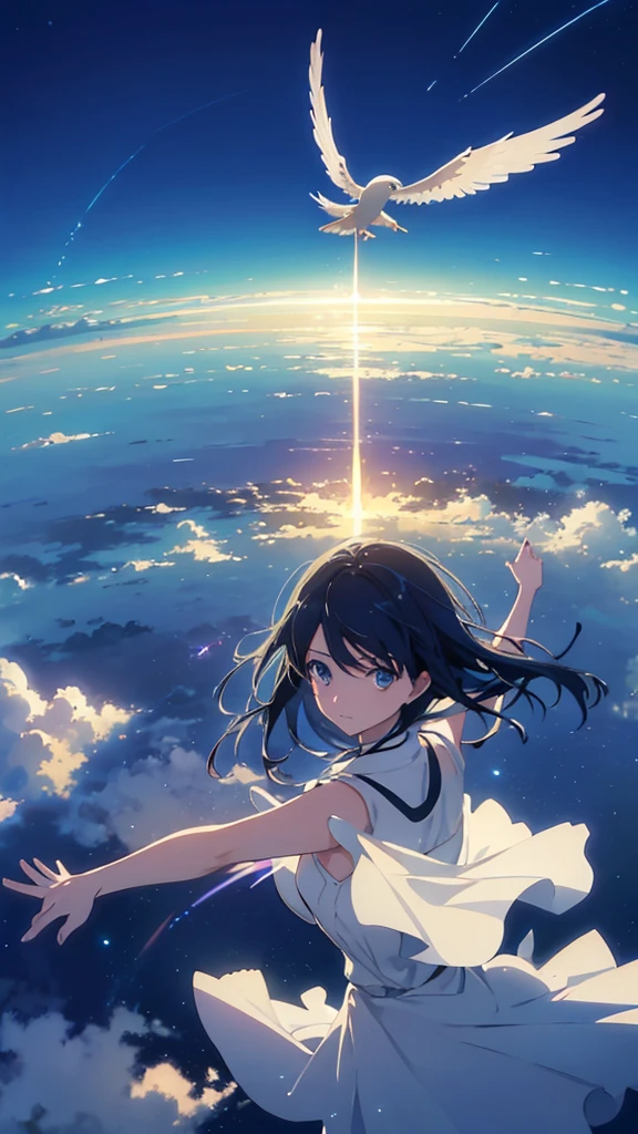 Create exquisite illustrations reminiscent of Makoto Shinkai's style, It has ultra-fine details and top-notch quality. Create an illustration of a girl soaring into the sky ,Nostalgic and serene atmosphere, As if drawn from a dream,Hang above the world below as you glide through the air, It's a pure moment, Carefree adventure, Where imagination flies, And mediocrity will be extraordinary. This scene is、The timeless charm of a whimsical sky,Long black hair,Deep blue sky,blue sky