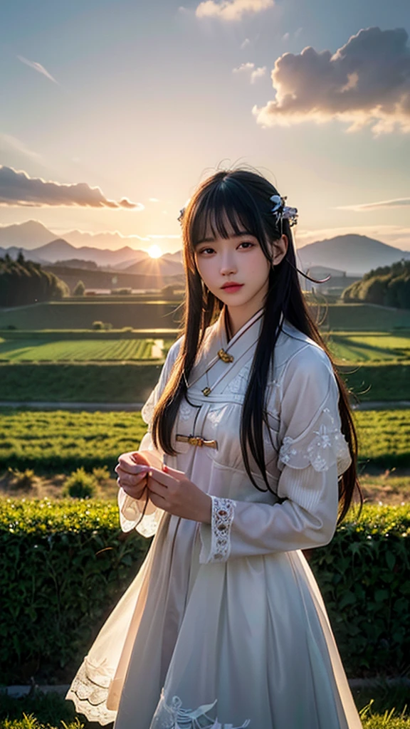 (Realisticity: 1.3), Fine, Quality, Rembrandt Lighting, (Masterpiece: 1.2), (Realisticity: 1.2), (Best Quality), (Skin Details: 1.3), (Intricate Detail), Dramatic, Idyllic, Ray Tracing, 1girl, Chinese Yellow Girl, Long Black Hair, 24 years old, Modern Clothing (Meadow, Sun, Clouds, Fields, Farms, Starlight, Trails)  
