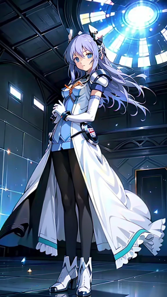 Highest quality，symphony_sugar,Light blue hair,Dark blue eyes,hair ornaments,Long Hair,White Long_Gloves,Light blue short dress,Black Pantyhose,High heels, ,Show me your boots，Gloves，elegant, 1 girl, cute, Blushed, Looking at the audience, From below, prison，Beautiful Eyes, Beautiful background, Particles of light, Light of the sun, Dramatic lighting, outside, Shiny, Realistic, Highest quality, Very detailed, Get used to it, scenery, Beautiful and detailed, Thin Hair，Full Body Shot，