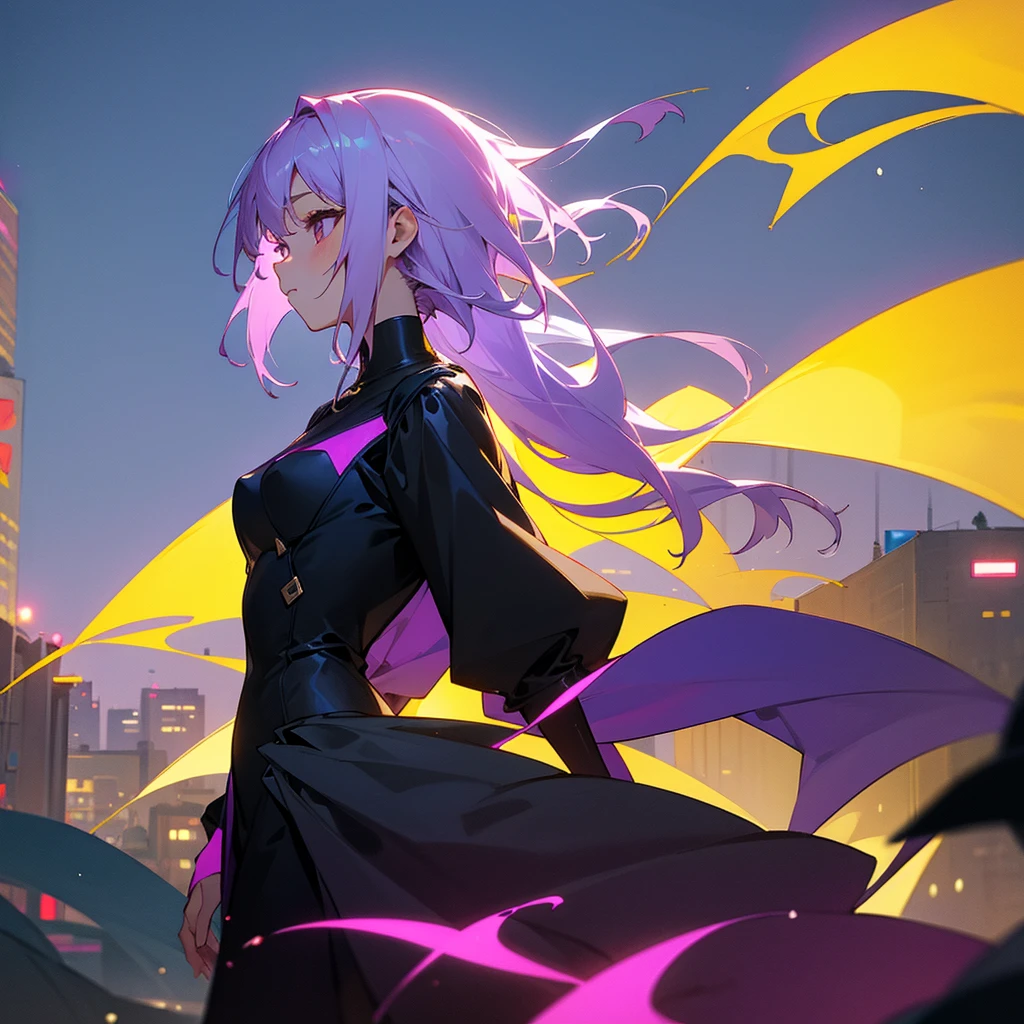 Light purple hair、Yellow Eyeedium Hair、Beautiful、One Girl、Only one girl、Night、Wearing a black suit、Are standing、profile、Looking into the distance、Just One、at the park、Face is close