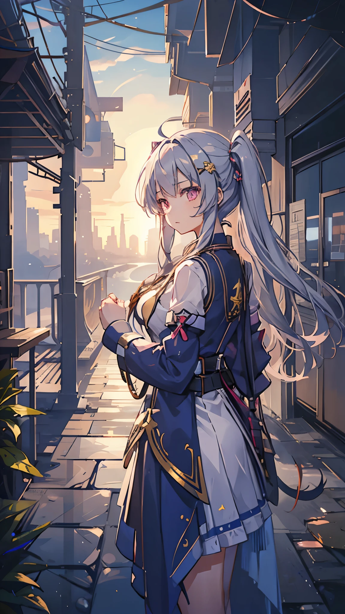 1girl, Akatsukaze Kokoro, known as the Starlight Sentinel, is a young woman with an unyielding spirit and an unwavering commitment to justice. Clad in a striking blue and gold outfit, she patrols the city's rooftops with her trusty sword at her side. Her piercing gaze seems to bore into the soul of anyone who dares to cross her path. With the morning dew settling on her silver hair, she embodies the essence of dawn's promise and unwavering determination.
Prompt: