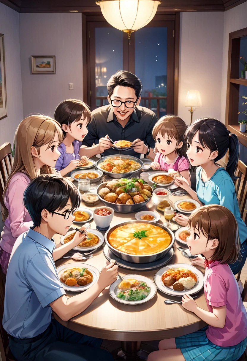 A sweet family with father, mother and 2 small brother and 4 sisters on a dining table eating food together 