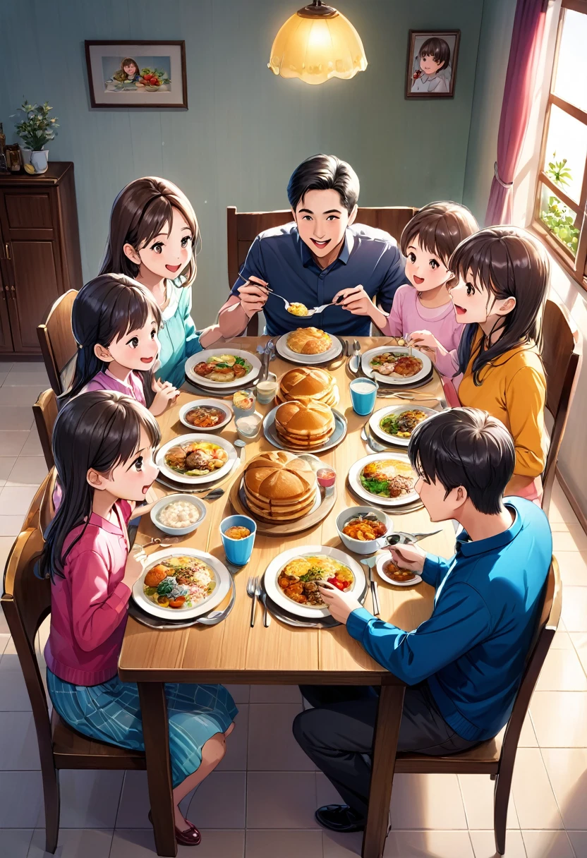 A sweet family with father, mother and 2 small brother and 4 sisters on a dining table eating food together 