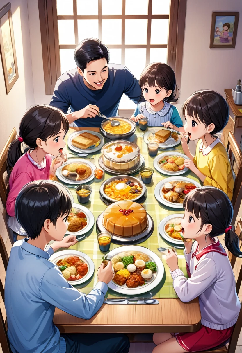 A sweet family with father, mother and 2 small brother and 4 sisters on a dining table eating food together 