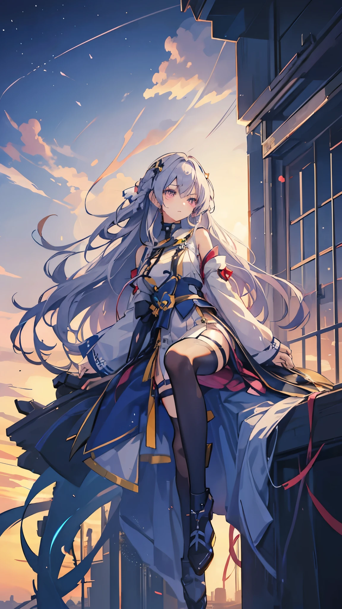 1girl, Akatsukaze Kokoro, known as the Starlight Sentinel, is a young woman with an unyielding spirit and an unwavering commitment to justice. Clad in a striking blue and gold outfit, she patrols the city's rooftops with her trusty sword at her side. Her piercing gaze seems to bore into the soul of anyone who dares to cross her path. With the morning dew settling on her silver hair, she embodies the essence of dawn's promise and unwavering determination.
Prompt: