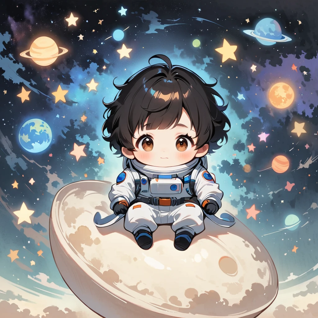 man boy sit in spacesuit floating in space,black hair, surrounded by the Milky Way, the universe , cutely. กินขนม เจอเอเลี่ยน