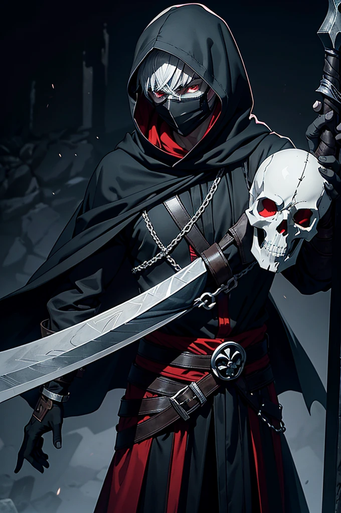 "An assassin, male, fantasy character, physically strong, wearing a skull mask covering his face and eyes, dressed in black medieval attire, with a white hooded cloak over it, gray hair, short hair, red eyes, holding a dagger, nighttime background."