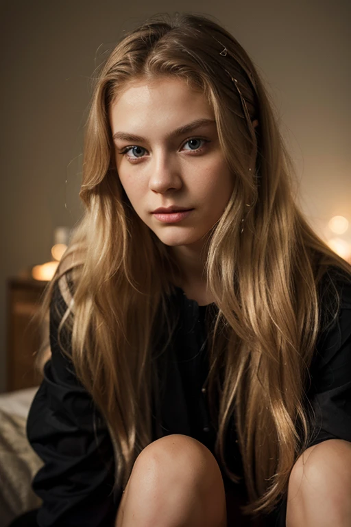 A photorealistic of a 21-year-old russian blond girl with long hair and striking dark eyes. She should have a natural, approachable expression and be illuminated by soft, playing