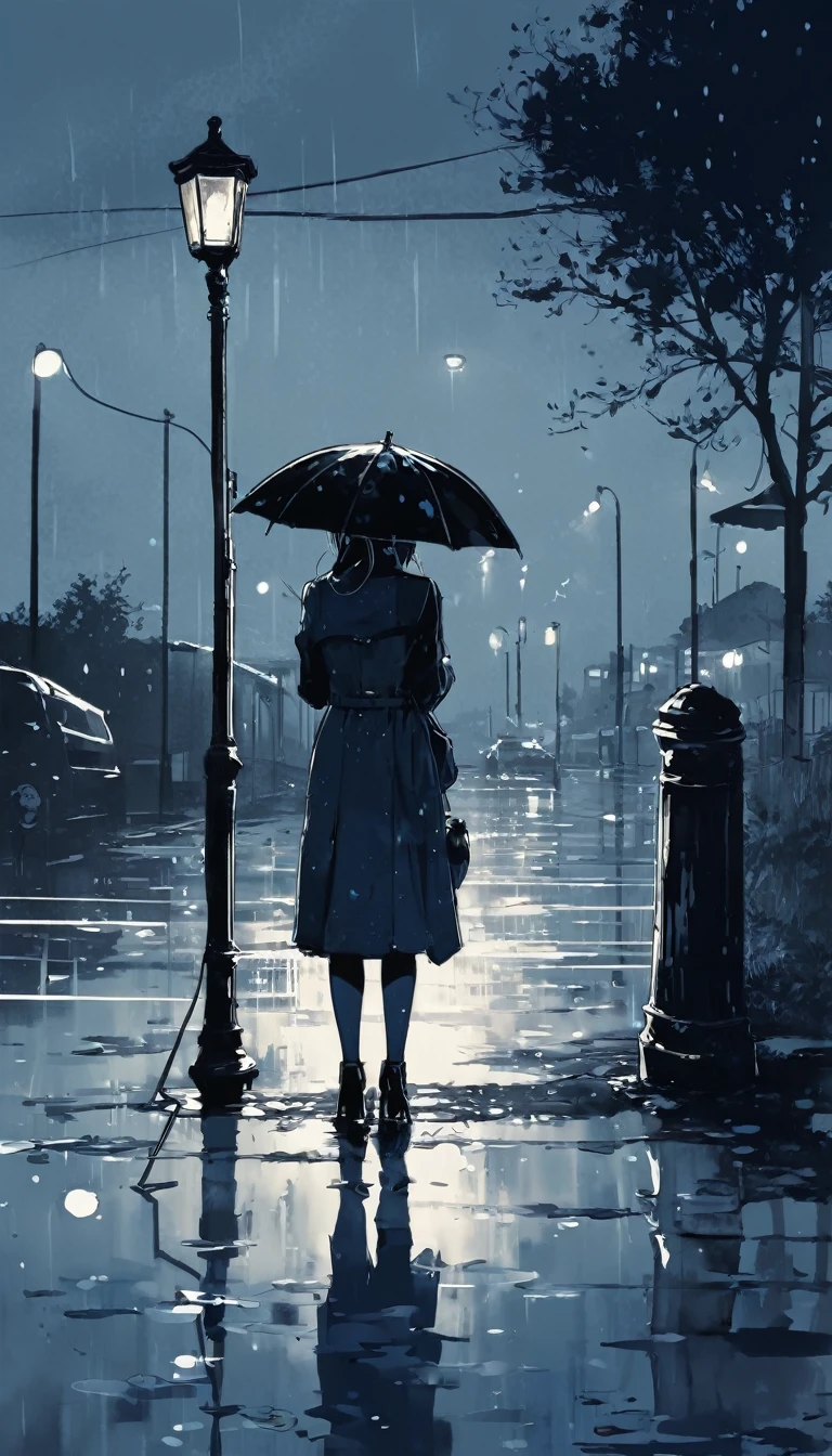Ink illustration, Inkpunk, Inked, girl waiting, Desolate, Ink splash, Ink dot, Ink stains, Evokes loneliness and solitude, Bold line, Ink illustration, night, Very dark, Blurred vision, gray、Black and dark blue tones, Desolate, lamp post, puddle, Still water,Distant headlights,The umbrella is falling to the ground