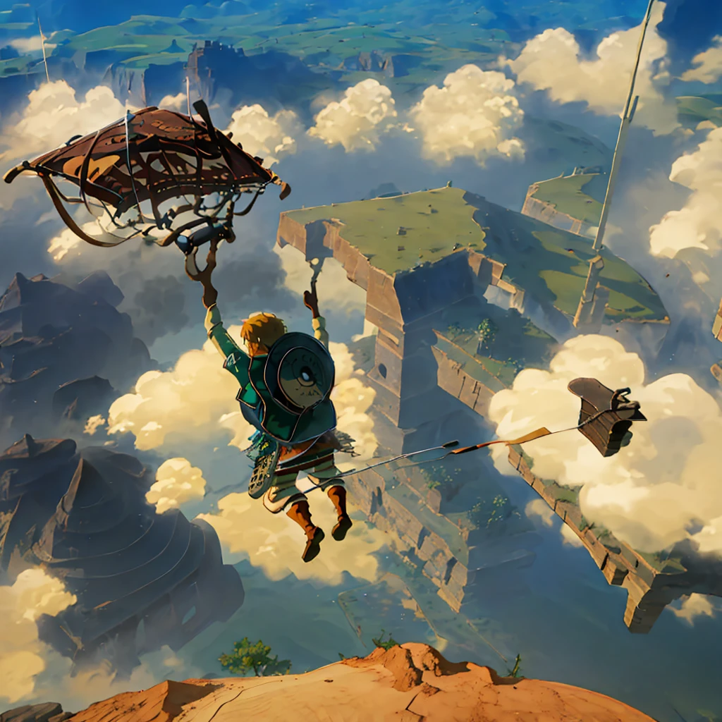 Levi Ackermann (from Attack on Titan) is flying in a lush and beautifull landscape using a paraglider, happy scene