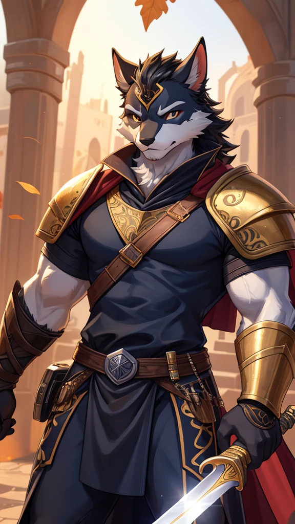 **Name:** zorritolay
**Species:** zorro
**Physical description:**
- **fur:** Bright orange with black and white details.
- **body:** Muscular and athletic, with a physique that reflects strength and agility.
- **armor:** armor completa de placas metálicas, polished and shiny, with gold trim on the edges and intricate details. Covers the torso, shoulders, and thighs, allowing freedom of movement.
- **shield:** shield redondo con un emblema de un zorro en el centro, with a metallic finish and decorated with runes or mystical symbols.
- **sword:** sword de hoja larga y afilada con una empuñadura elegante que puede tener forma de zorro o detalles grabados. The leaf can be decorated with gems.
- **layer:** layer larga que ondea, dark blue or red, that complements your armor.
- **hull:** hull con una visera decorada, leaving your face visible and expressive.