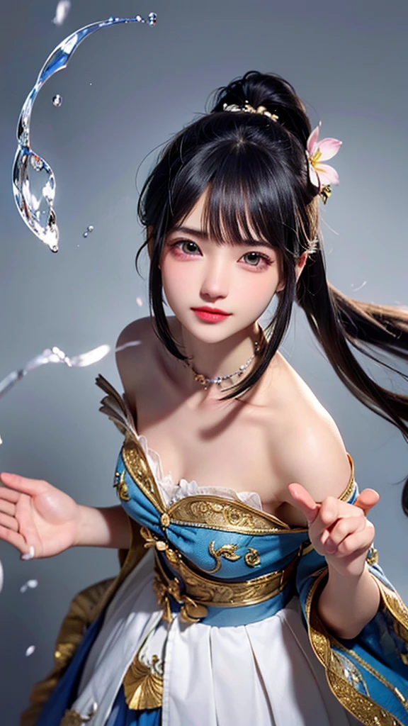 (masterpiece), (best quality), (ultra detailed),(disheveled hair),(illustration), (1girl), (Fashionable clothing), standing, Fashion model, looking at viewer, (interview), (simple background),beautiful detailed eyes, delicate beautiful face, Floating,(high saturation),(colorful splashes),colorful bubble,(shining), focus on face, ponytail, kamisato ayaka, light blue hair, bangs, hair ring, floating flowers, floating hairs, (shining), best lighting, best shadow,