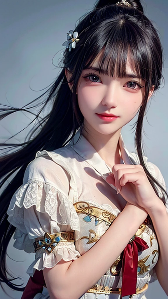 (masterpiece), (best quality), (ultra detailed),(disheveled hair),(illustration), (1girl), (Fashionable clothing), standing, Fashion model, looking at viewer, (interview), (simple background),beautiful detailed eyes, delicate beautiful face, Floating,(high saturation),(colorful splashes),colorful bubble,(shining), focus on face, ponytail, kamisato ayaka, light blue hair, bangs, hair ring, floating flowers, floating hairs, (shining), best lighting, best shadow,