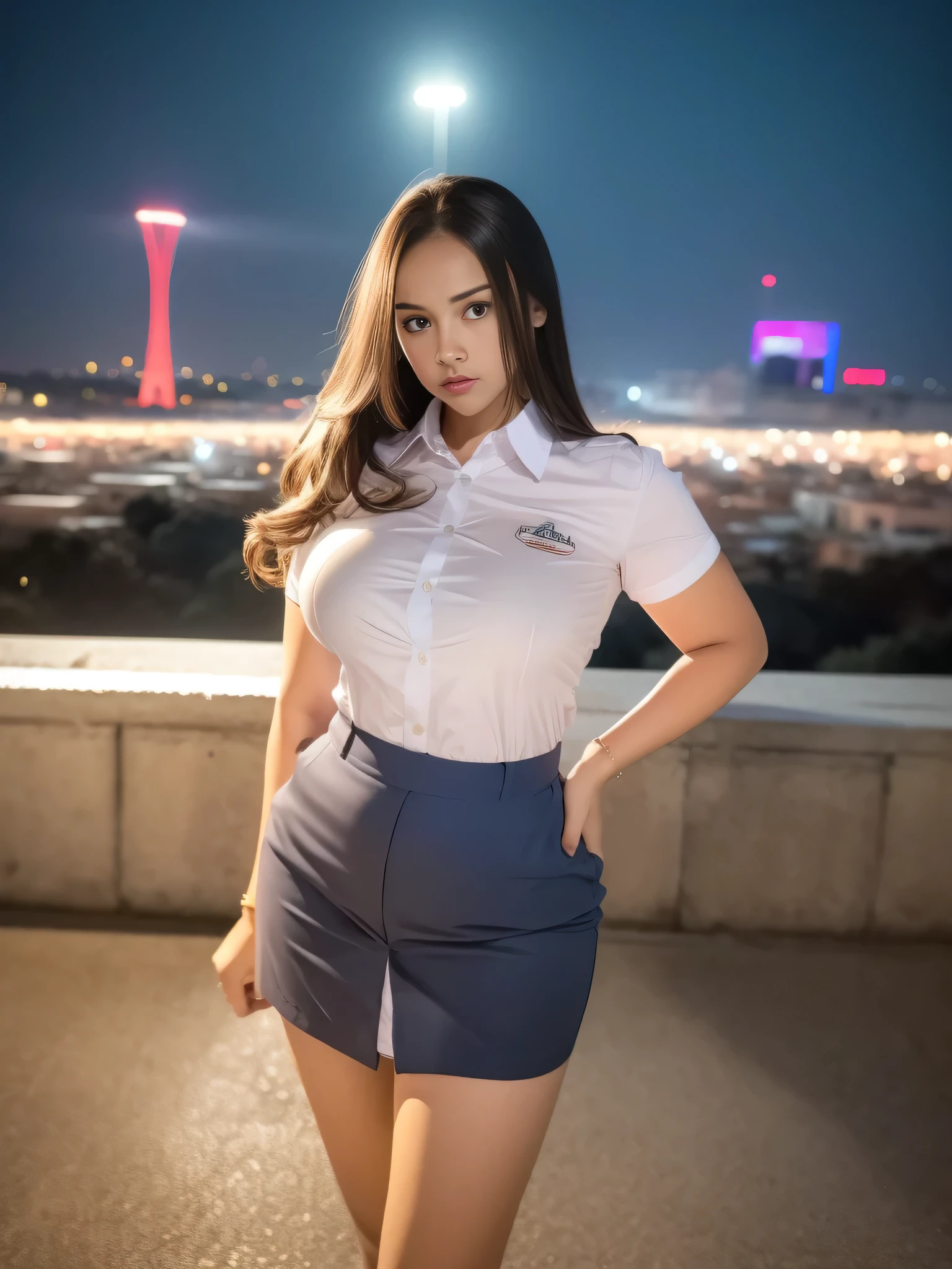 1girl, (uniform), standing, outdoors, night view, detailed Metropolitan city at the background, detailed face, cute angry face, detailed eyes, big breasts, smooth realistic skin, semi-curvy body, white shirt, grey blue miniskirt, looking at the audience, (8k, RAW photo, best quality, masterpiece: 1.2), (realistic, realistic: 1.37), ultra-high resolution